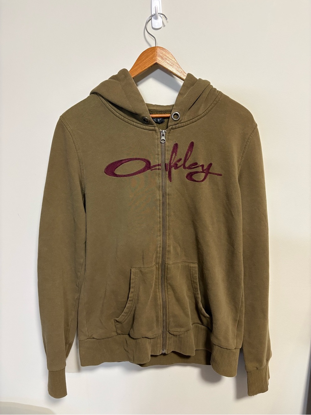 Oakley Zip Up Hoodie Mens XL Olive Green Spellout Logo Y2K Skate Streetwear